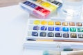 Set of watercolor paints with brushes Royalty Free Stock Photo
