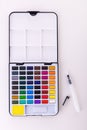 Set of watercolor paints, brushes for painting. Multicolors Royalty Free Stock Photo