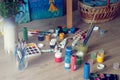 Set of watercolor paints, gouache, paint brushes on the floor. workshop in the process of creativity, painting Royalty Free Stock Photo