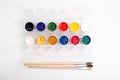 A set of watercolor paints on a white background and brushes for painting Royalty Free Stock Photo