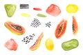 Set of watercolor papaya, abstract spots, brush strokes. Isolated bright illustration on white. Hand painted fruits