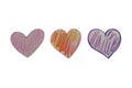 Set of watercolor, pencils drawings of pink, orange, purple handmade hearts on a white isolated background, flat