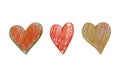 Set of watercolor, pencils drawings of red and orange handmade hearts on a white isolated background, flat