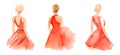 Set of watercolor pictures elegant girl in red dress back view