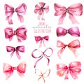 Set of watercolor pink bows