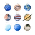 Set of watercolor planets. Hand drawn illustration is isolated on white Royalty Free Stock Photo