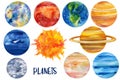 Set of watercolor planets, isolated white background, space, illustration, hand drawing