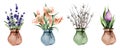 Set of watercolor plants. Spring flowers in a pot. Lavender, lily, tulip. Suitable for stickers, postcards, etc Royalty Free Stock Photo