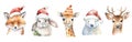 Set of watercolor portraits of cute Christmas animals. Fox, hare, giraffe, polar bear, forest deer isolated on white. Generative