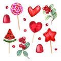 Set of watercolor red caramels with lingonberry branch. Lollipop watermelon slices, chocolate seeds. Lollipops in the shape of red