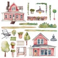 Set of watercolor red wooden farmhouses and garden elements