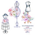 Set of watercolor retro mannequins and flowers, set of logo mockups