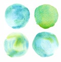 Set of watercolor round shape abstract background, splash green and blue collection, hand drawn isolated on white