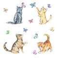 Set of watercolor seamless pattern with cute kittens