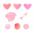 Set of watercolor shapes in red and pink colors. love hearts,stains,spots and arrow.