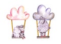 Set of watercolor sheeps and clouds with swing. Hand drawn illustration is isolated on white. Cute animals