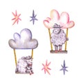 Set of watercolor sheeps and clouds, swing, stars. Hand drawn illustration is isolated on white. Cute animals