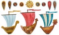 Set of watercolor ships in Viking style.