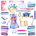 Set of watercolor smart schoolgirl, books and stationery objects Royalty Free Stock Photo