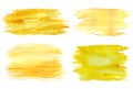 Set of watercolor splash backgrounds, golden yellow color blots on white backdrop design, hand drawn illustration