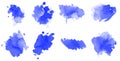 Set of 8 blue watercolor blots, spots and smears brushes for painting Royalty Free Stock Photo