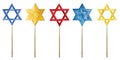 Set of watercolor stars of David on gold sticks, Jewish magic wands, Judaism illustration in blue, yellow, red colors Royalty Free Stock Photo