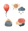 Set of watercolor sticker icons - sun, rain, clouds Royalty Free Stock Photo
