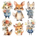 Set of watercolor stickers with funny foxes.