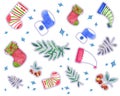 Set of watercolor stickers, isolated elements, new year and christmas. New Year's cap, socks and felt boots.