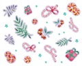 Set of watercolor stickers, isolated elements, new year and christmas. New Year's leaves, twigs, needles, lollipops