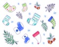 Set of watercolor stickers, isolated elements, new year and christmas. New Year's cap, socks and felt boots.