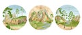 Set of watercolor summer landscape round illustrations. Hand painted green valley, mountain range, river and pine trees Royalty Free Stock Photo