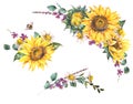 Set of watercolor sunflowers summer vintage bouquets. Natural yellow floral greeting card