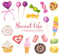 Set of watercolor sweets - ice cream, candy, donut, cupcake, lollipop and macaroons isolated on white background