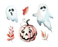 Set of watercolor symbols for Halloween on a white background.