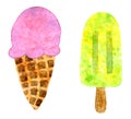 Set of watercolor tasty ice creams, hand drawn illustration. Strawberry ice cream cone and yellow one on stick