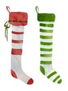 Set of watercolor traditional long Christmas striped stockings. Fur trim and classic red, green and white color match socks