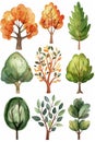 A set of watercolor trees with different colors and sizes Royalty Free Stock Photo