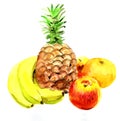 Set of watercolor tropical fruits. Pineapple, bananas, apples, tangerines Royalty Free Stock Photo