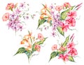 Set of watercolor tropical vintage floral bouquet of exotic flow