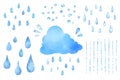 Set of watercolor vector illustrations of cute clouds and rain drops.