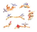 Set of watercolor vintage ribbons with birds and flowers Royalty Free Stock Photo