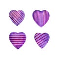 Set of watercolor violet hearts