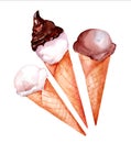 Set of watercolor waffle cones with ice cream
