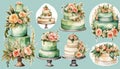 set of watercolor wedding cakes