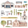 Set of watercolor wooden farmhouses, rustic church and garden elements