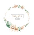 Set watercolor wreath frame of savanna gold flowers collection garden red, burgundy flower, leaves, branches, Botanic