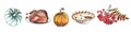 Set of watercolored hand drawn clip-arts. Thanksgiving autumn materials. Pumkin, turkey, harvest Royalty Free Stock Photo