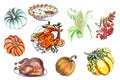 Set of watercolored hand drawn clip-arts. Thanksgiving autumn materials. Pumpkin, fried turkey, harvest. Traditional