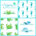 Set of watercolour marine seamless patterns, page decorations and dividers.